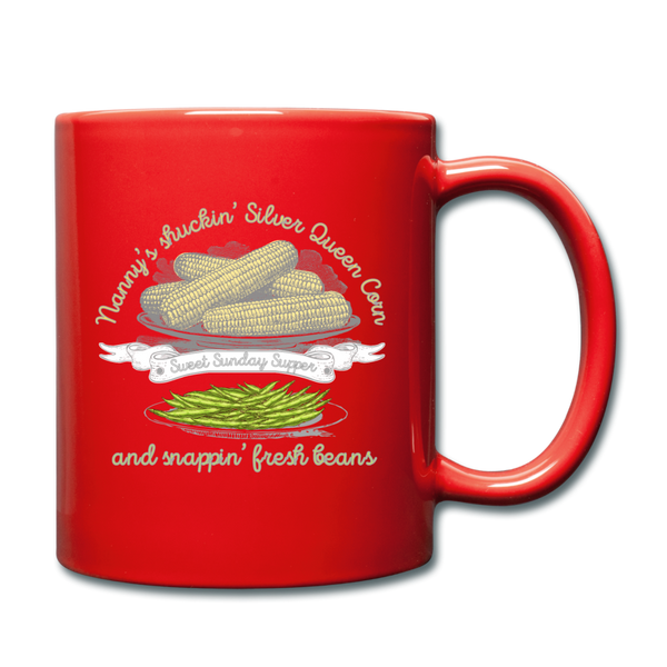 Shuckin' Corn & Snappin' Beans Full Color Mug - red