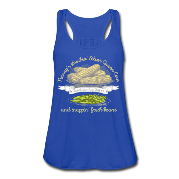 Shuckin' Corn & Snappin' Beans Women's Flowy Tank Top by Bella - royal blue
